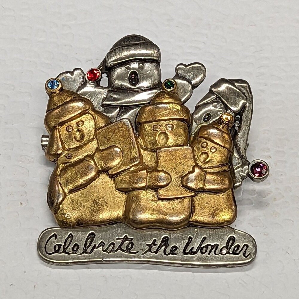 Vtg Snowman Choir Brooch Pin "Celebrate The Wonder" Christmas Gold & Silver Tone